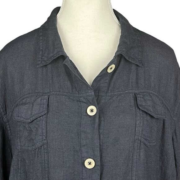 Linen Jacket Navy Blue Womens XL Button Down Collared Crop Jacket Casual Trucker - Picture 2 of 8